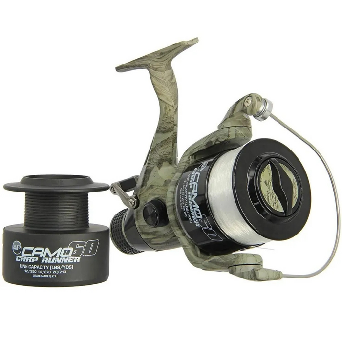 Angling Pursuits Camo 60 - 3BB Carp Runner Reel with 12lb Line and Spare Spool